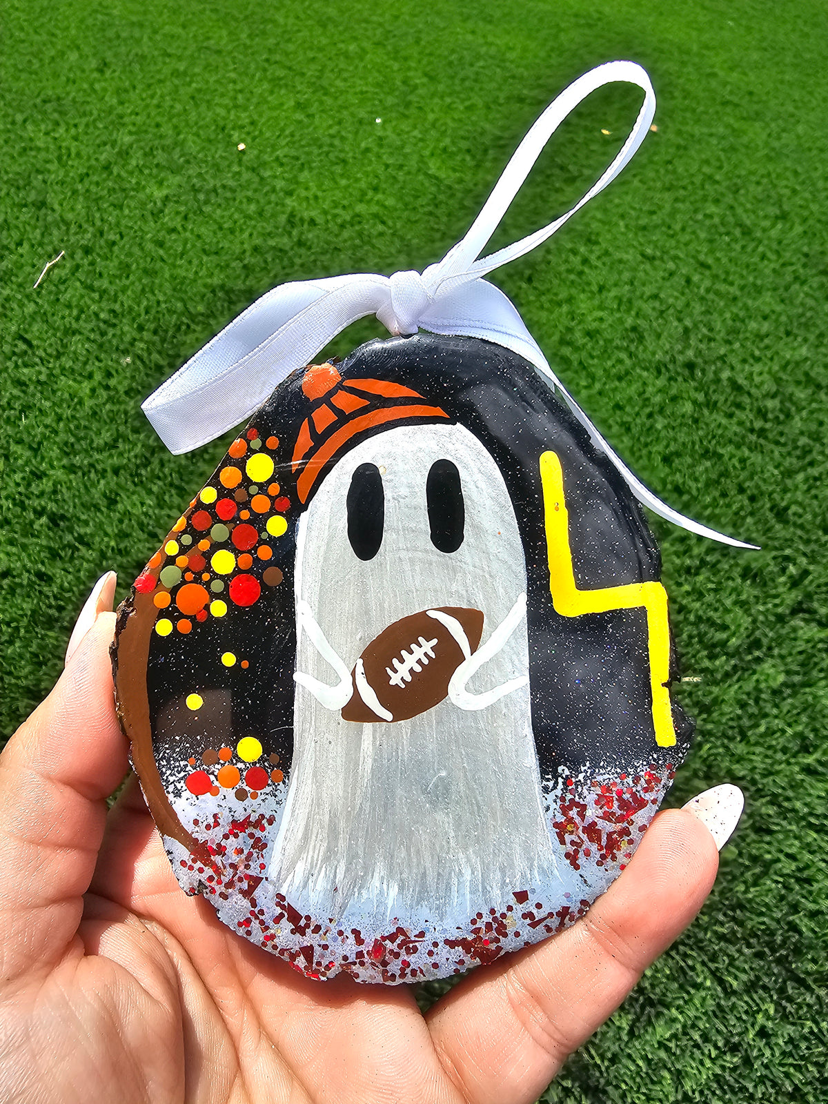 Ghost Buddy's Fall Football Fun Resin Ornament Natural Wood Slice