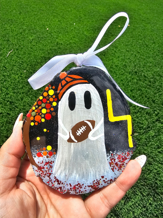 Ghost Buddy's Fall Football Fun Resin Ornament Natural Wood Slice