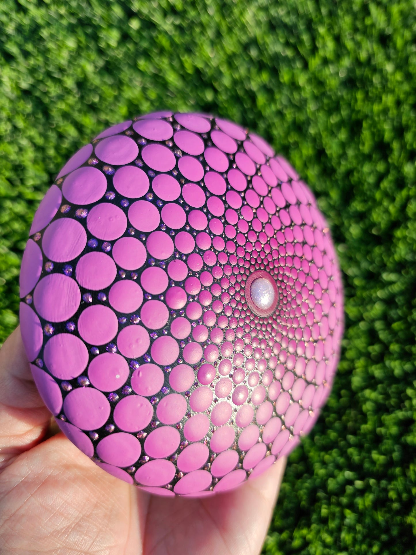 5-Inch Sacred Geometry Stone – Purple Gradient, Metallic Shimmer, 3D Center, Microdot Art