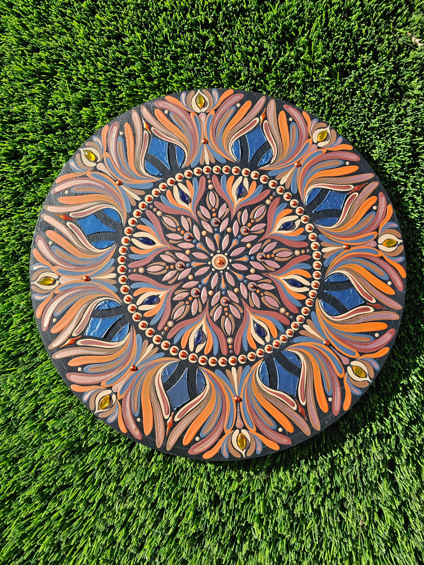 12 Inch Textured Mandala Wall Art | Navy and Burnt Orange Boho Wall Decor | Hand Painted Embellished Mandala | Original Round Acrylic Artwork