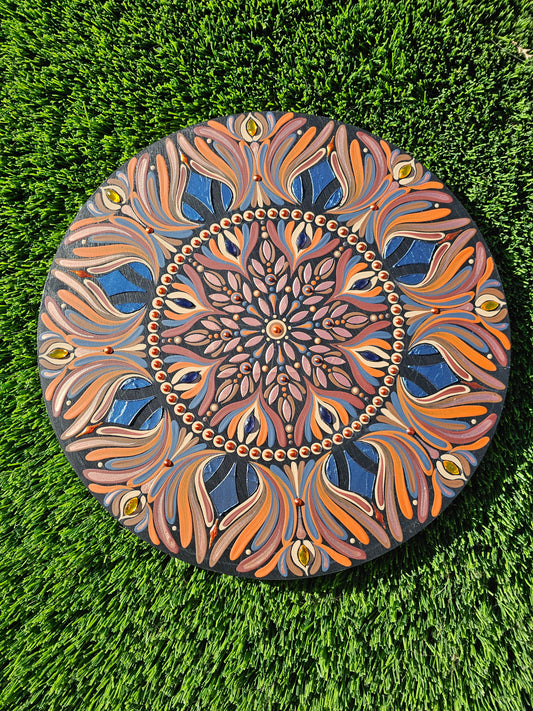 12 Inch Textured Mandala Wall Art | Navy and Burnt Orange Boho Wall Decor | Hand Painted Embellished Mandala | Original Round Acrylic Artwork