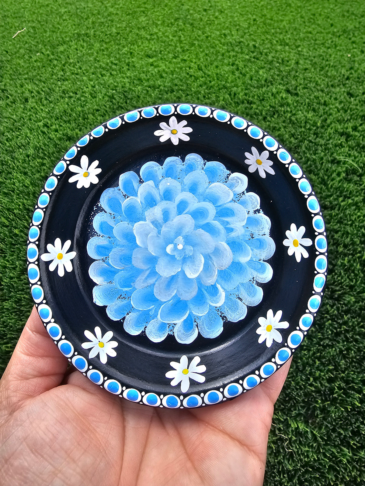 Blue Flower Trinket Dish with Daisies - Hand Painted Terracotta Jewelry & Ring Dish, Lavender Limewash Dahlia & Daisy Catchall