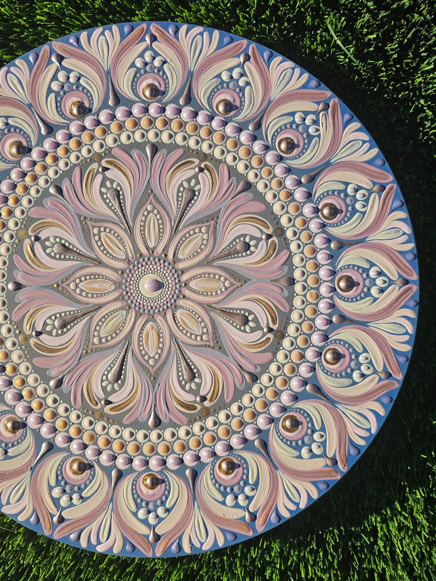 12” Blue Ombre Dot Mandala Wall Art on Wood | Neutral Pastel Mandala Decor | Hand Painted Boho Luxe Wall Hanging | Textured Meditation Art