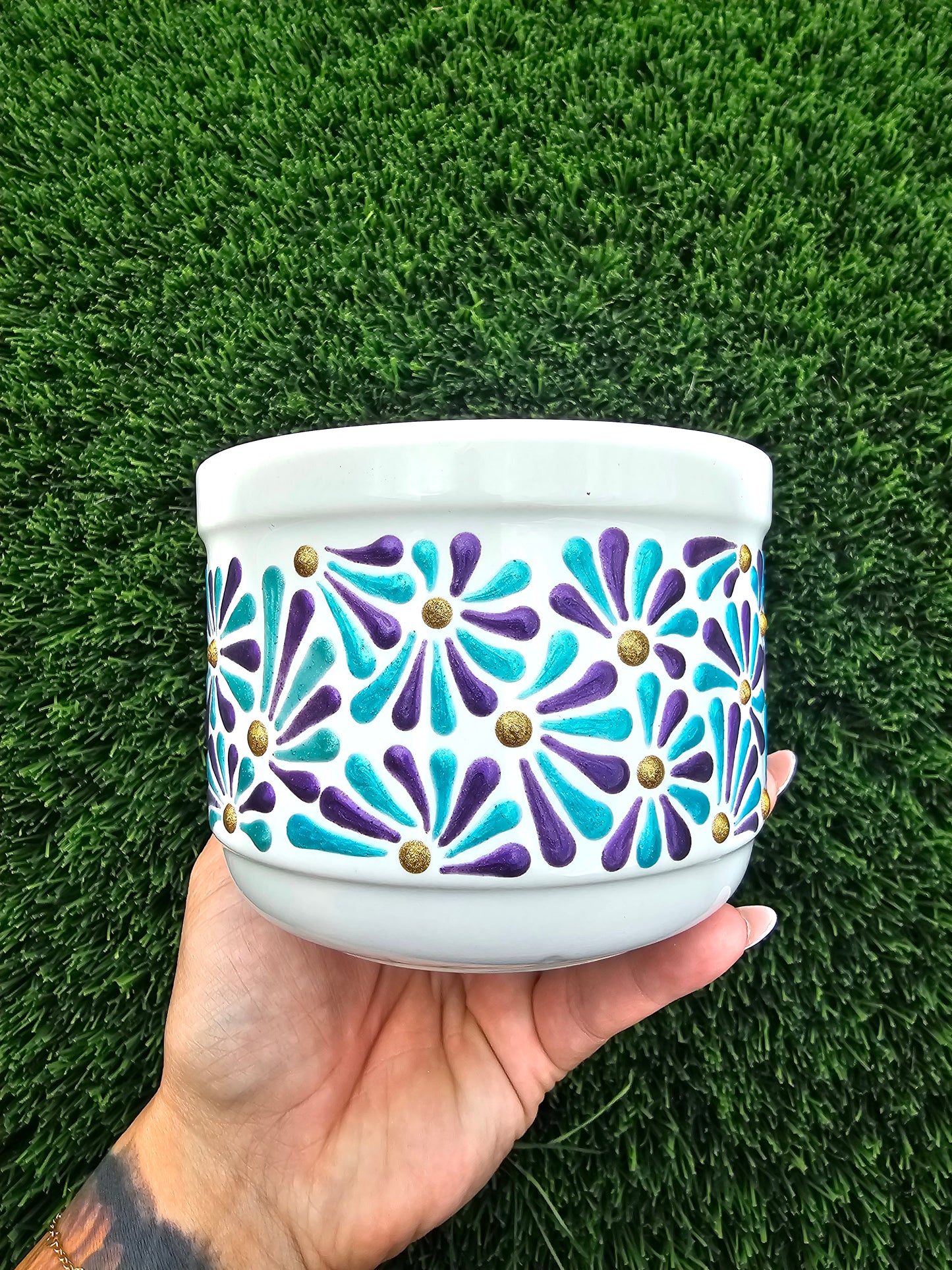 Hand Painted Textured Ceramic Mug - Teal, Purple, and Gold Shimmer Talavera Design, Low Profile Coffee Cup