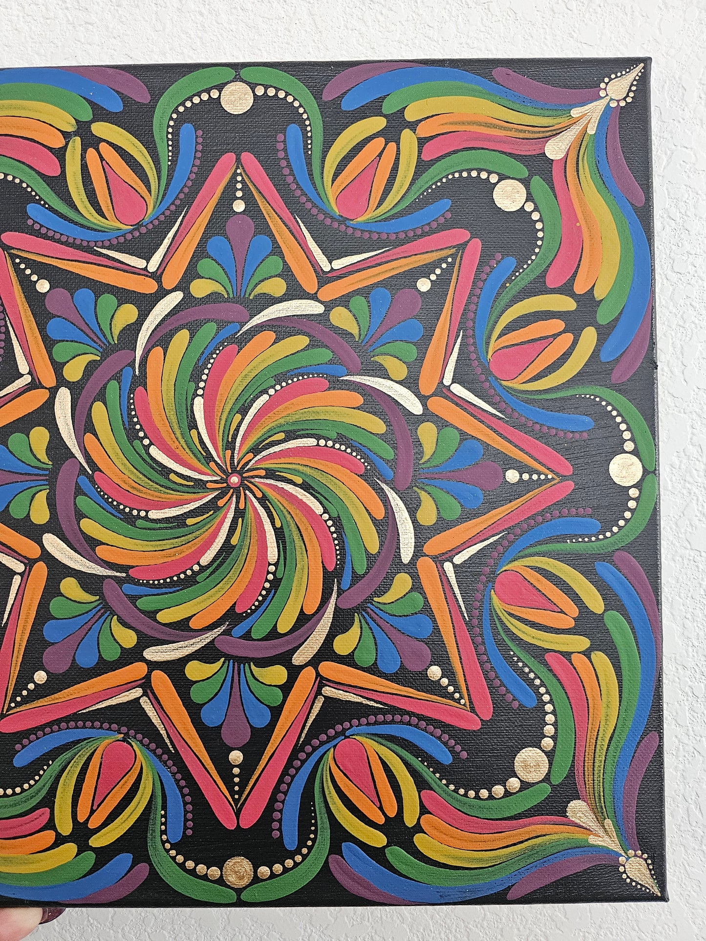 12” Rainbow Mandala Canvas Art | Hand Painted Dot Mandala | Colorful Boho Wall Decor | Black Background | Sacred Geometry Art