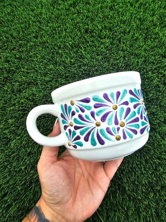 Hand Painted Textured Ceramic Mug - Teal, Purple, and Gold Shimmer Talavera Design, Low Profile Coffee Cup