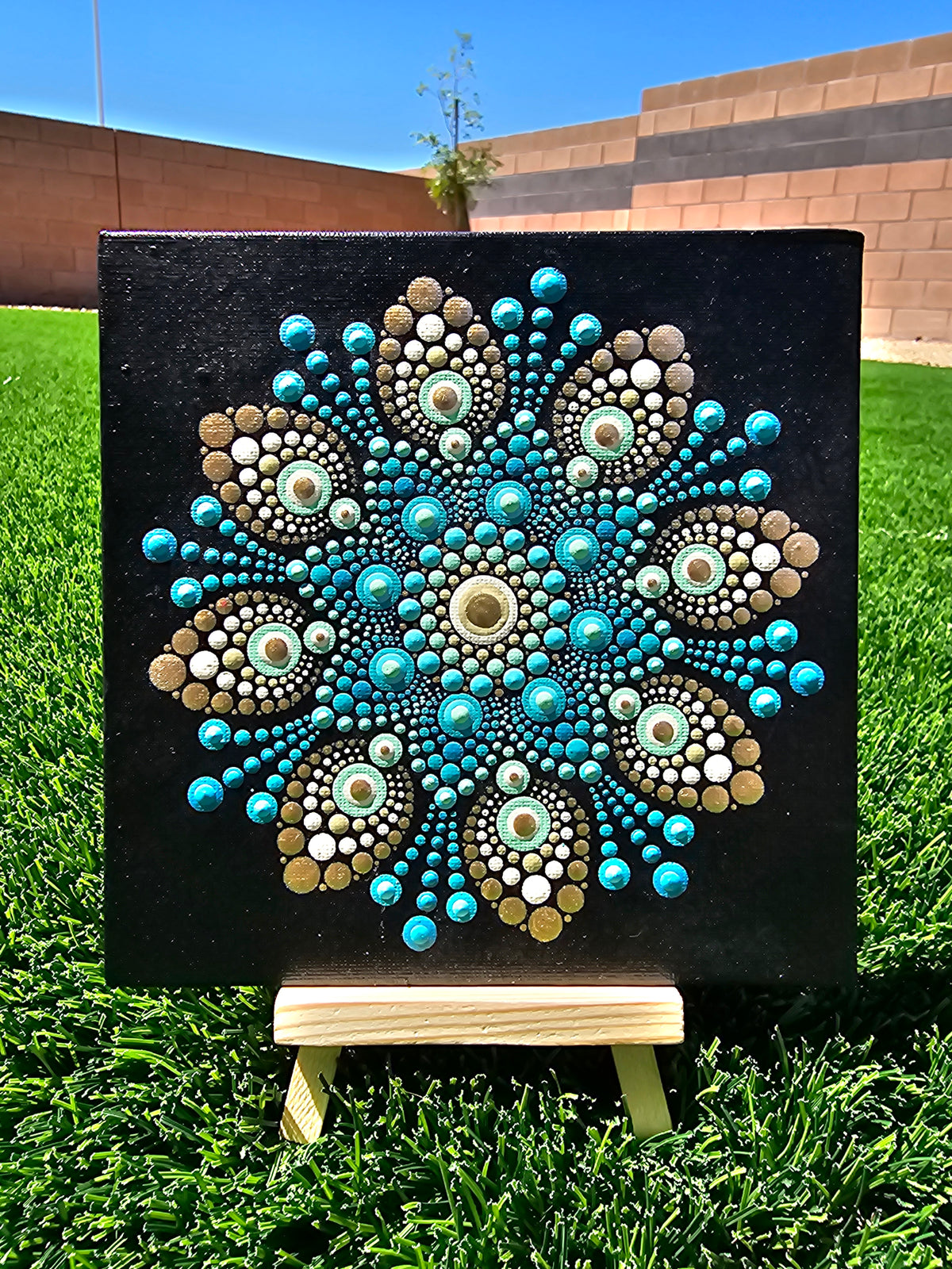 Hand-Painted Blue & Gold Dot Mandala Canvas – 6×6” Mandala Art with Easel | Handmade Boho Home Decor