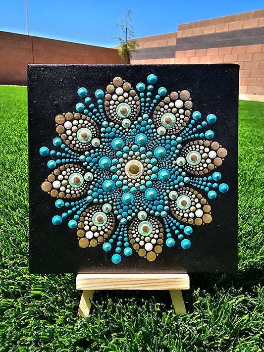 Hand-Painted Blue & Gold Dot Mandala Canvas – 6×6” Mandala Art with Easel | Handmade Boho Home Decor