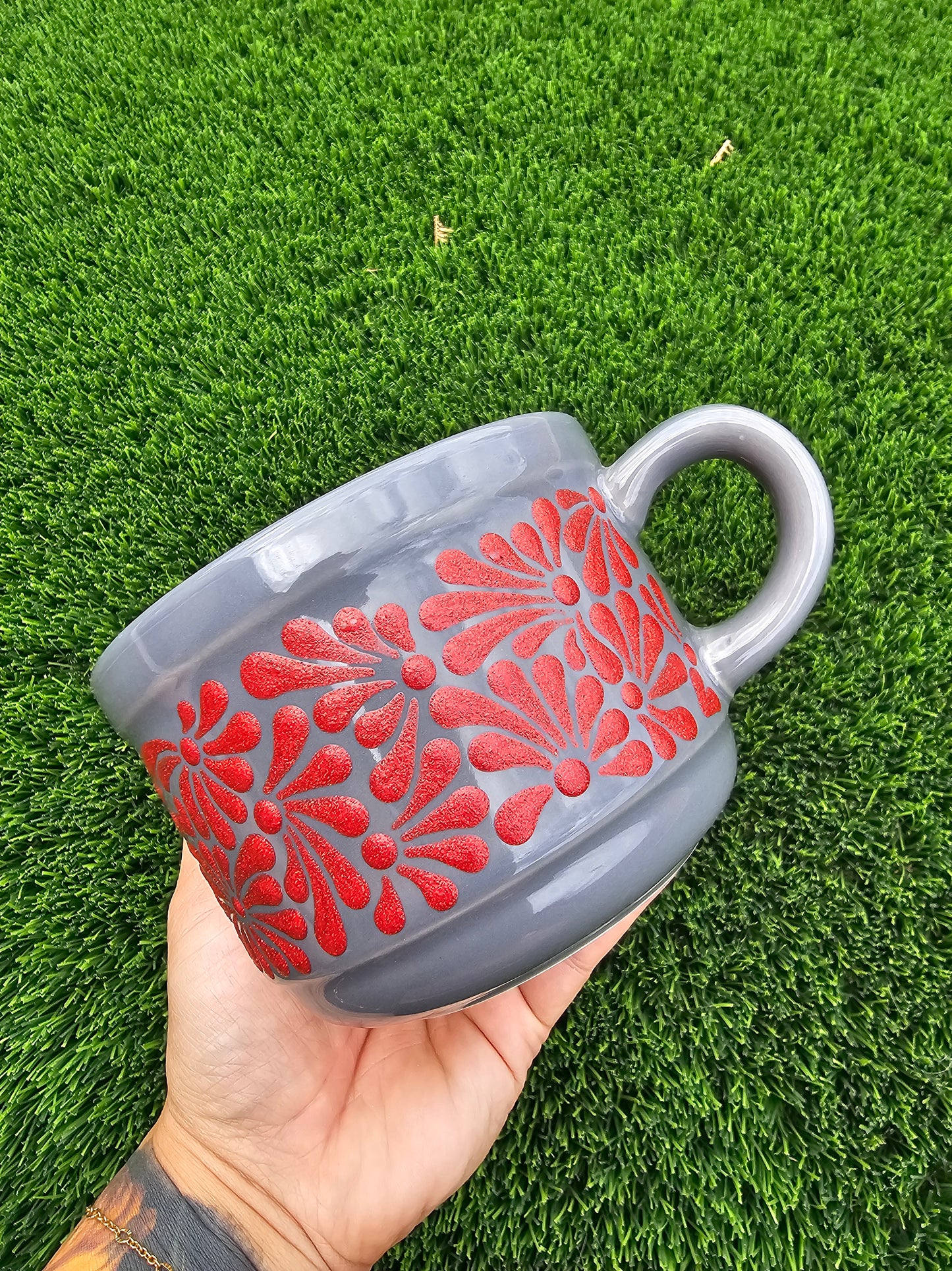 Hand Painted Textured Ceramic Mug - Red Glitter Talavera Design, Grey Low Profile Coffee Cup