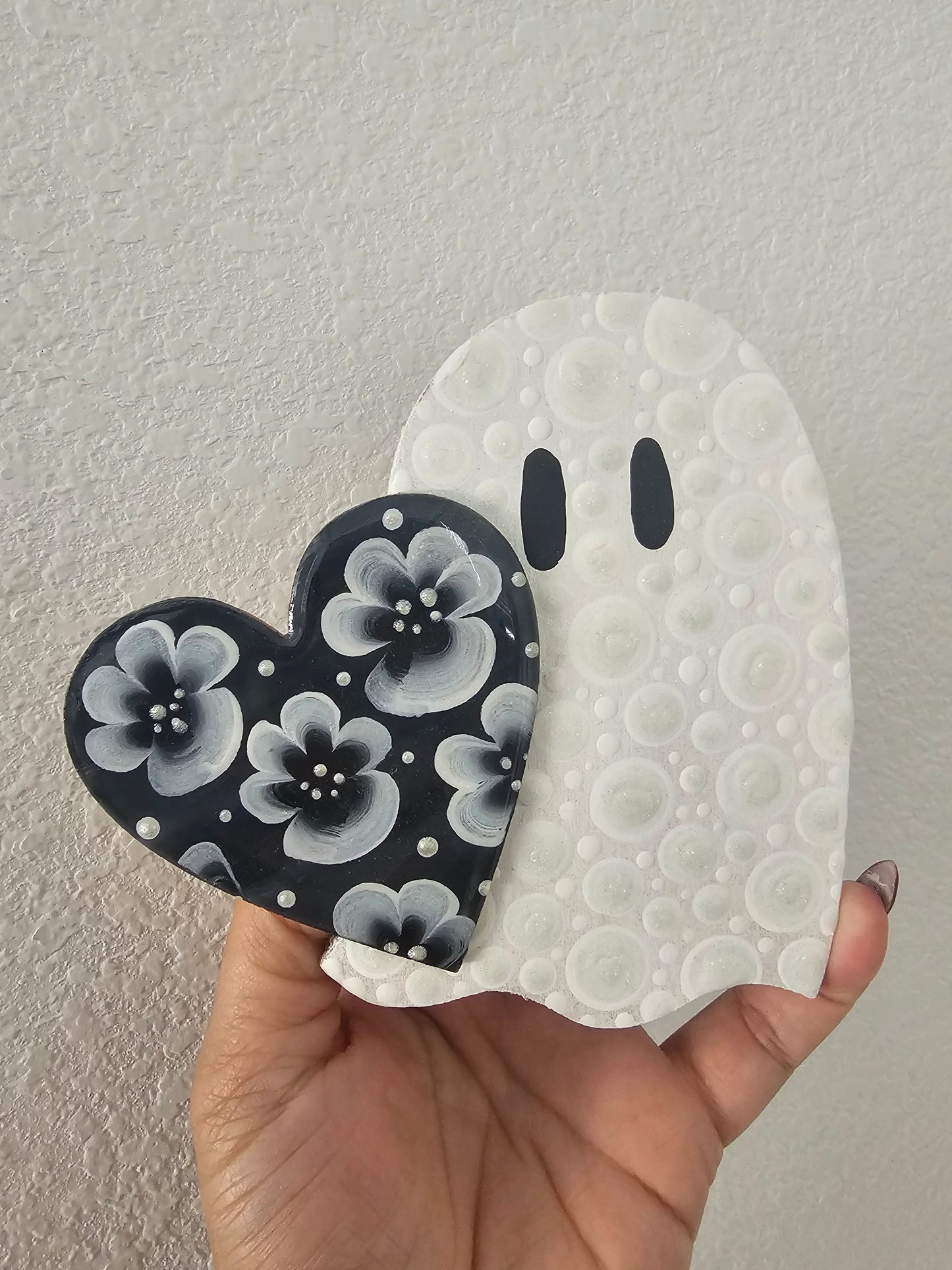 Hand-Painted Dot Mandala Ghost with Resin Violet Heart