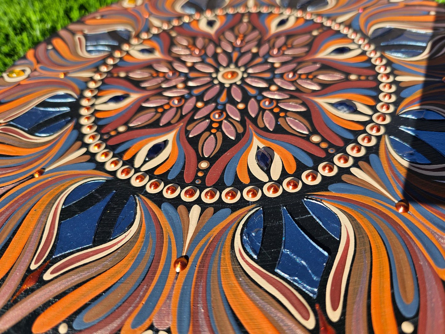 12 Inch Textured Mandala Wall Art | Navy and Burnt Orange Boho Wall Decor | Hand Painted Embellished Mandala | Original Round Acrylic Artwork