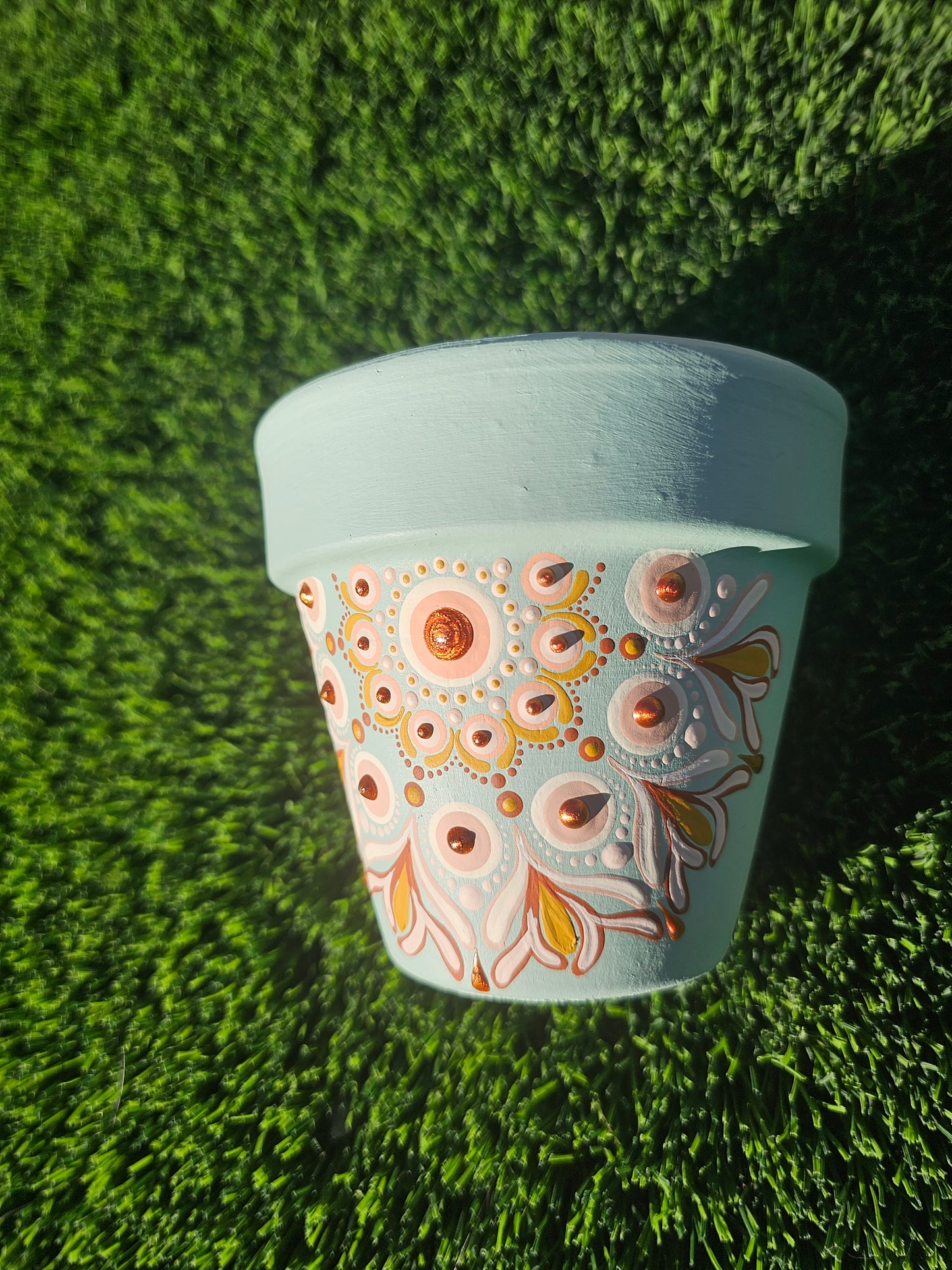 Hand-Painted 4” Mandala Plant Pot | Sea Glass Green with Copper & Gold Accents | Boho Luxe Home Decor