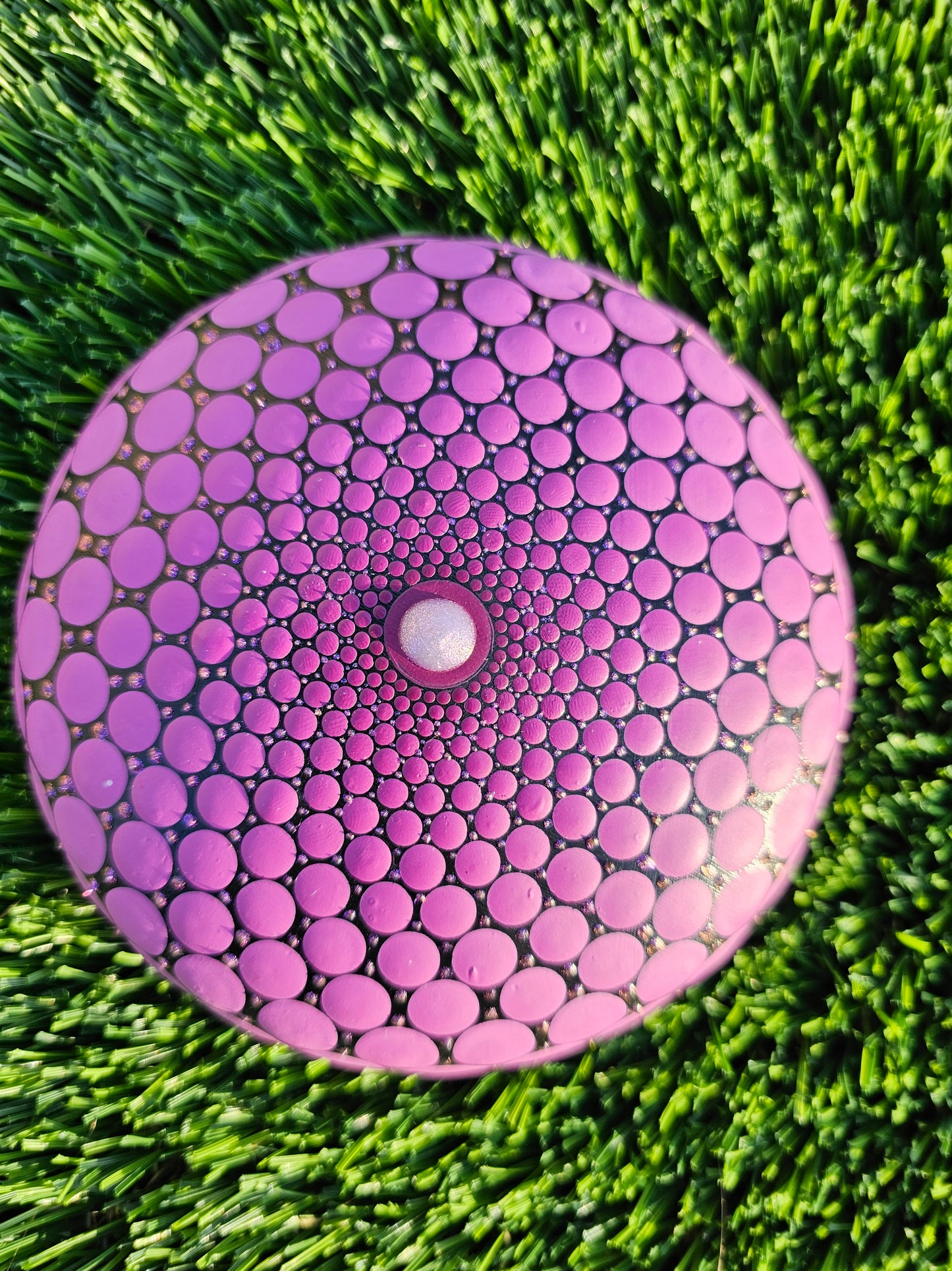 5-Inch Sacred Geometry Stone – Purple Gradient, Metallic Shimmer, 3D Center, Microdot Art