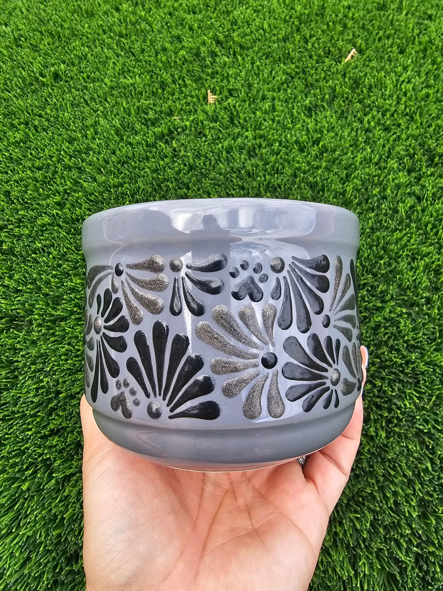 Hand Painted Textured Ceramic Mug - Black and Grey Shimmer Talavera Design, Low Profile Grey Coffee Cup with Paw Prints