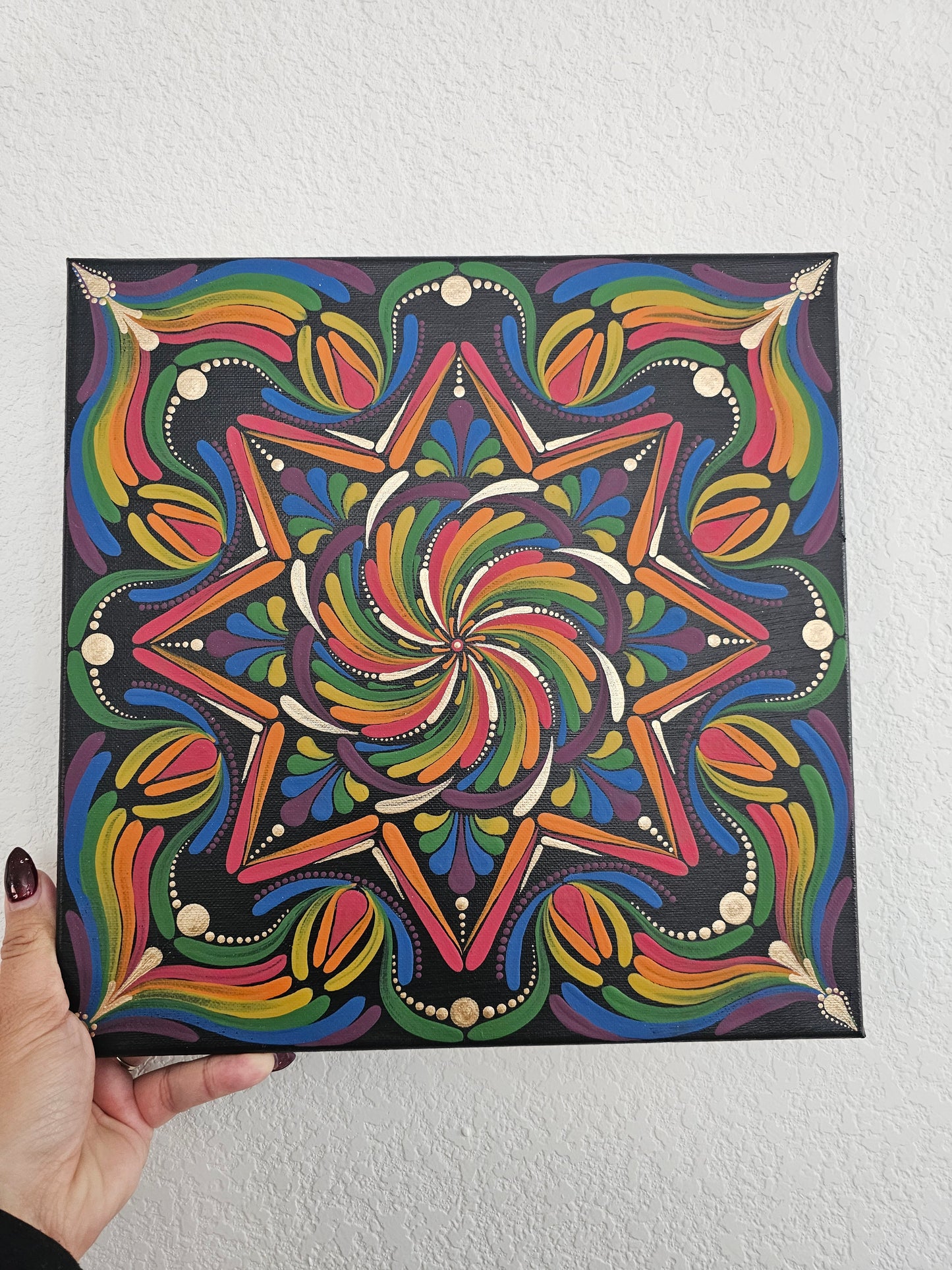 12” Rainbow Mandala Canvas Art | Hand Painted Dot Mandala | Colorful Boho Wall Decor | Black Background | Sacred Geometry Art