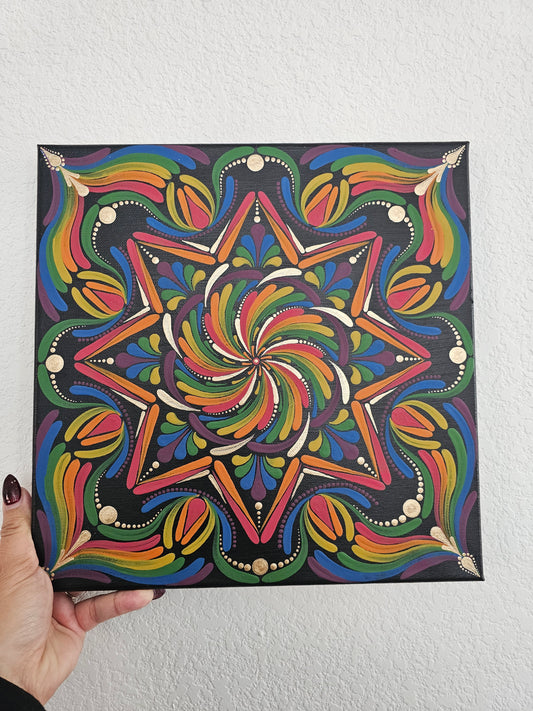 12” Rainbow Mandala Canvas Art | Hand Painted Dot Mandala | Colorful Boho Wall Decor | Black Background | Sacred Geometry Art