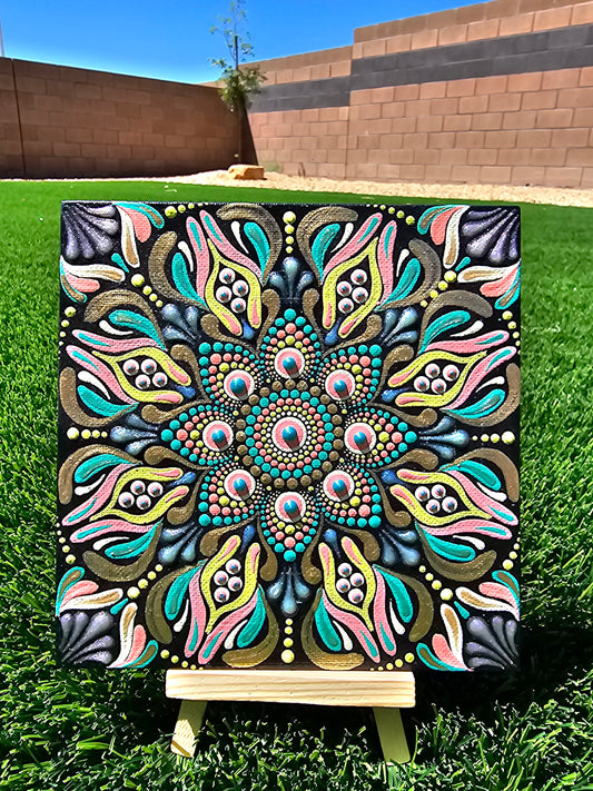 Hand-Painted Colorful Dot Mandala Canvas – Original Mandala Wall Art | Aqua, Turquoise, Pink & Gold Boho Decor