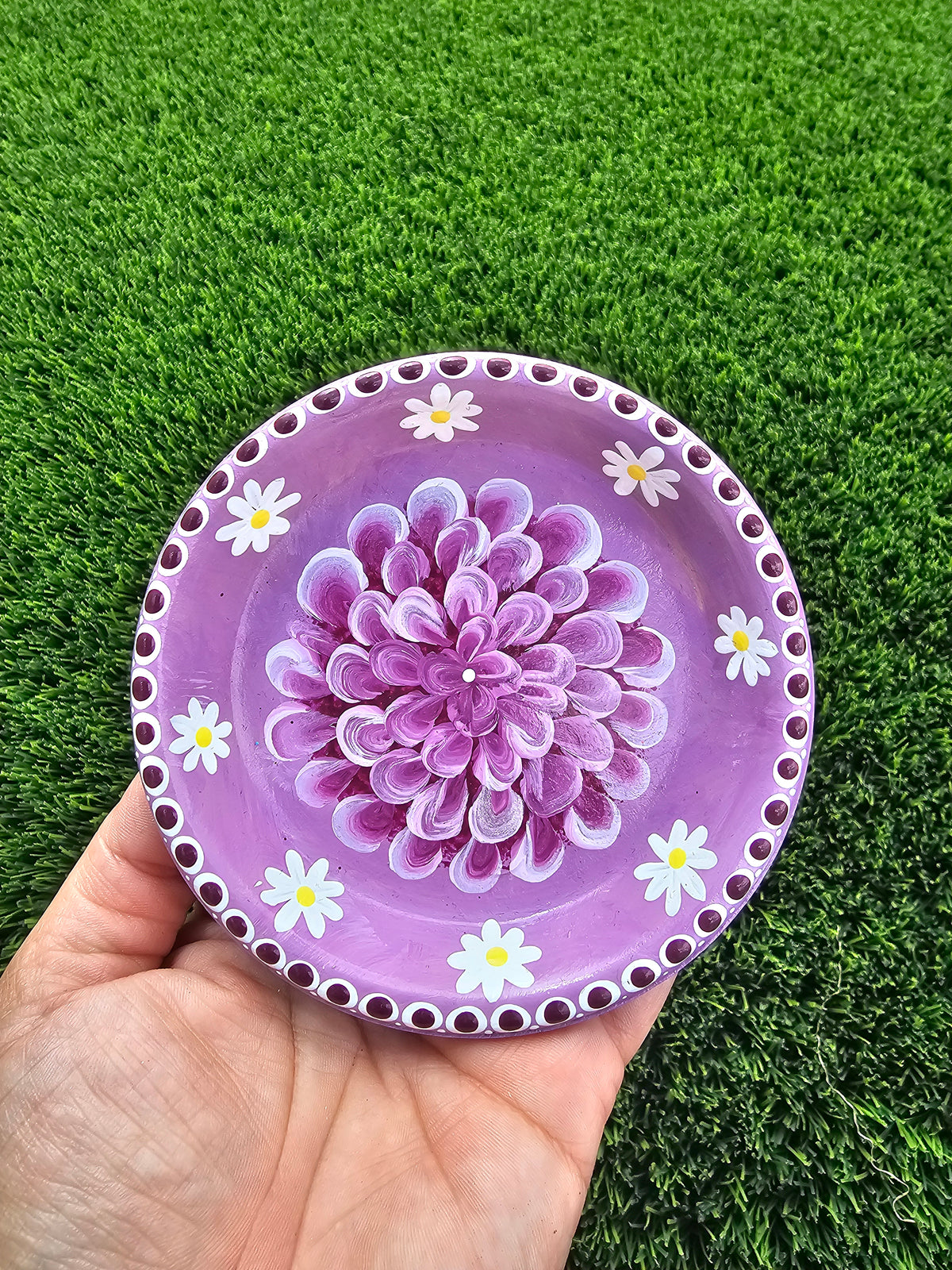 Purple Floral Trinket Dish – Hand Painted Terracotta Jewelry & Ring Dish, Lavender Limewash Dahlia & Daisy Catchall