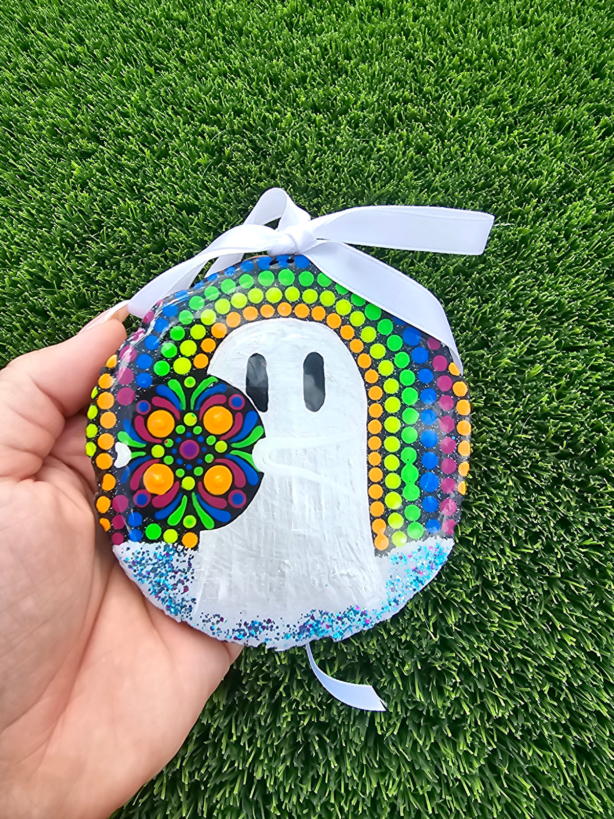 Ghost Buddy’s Psychedelic Dot Mandala Resin Ornament Natural Wood Slice