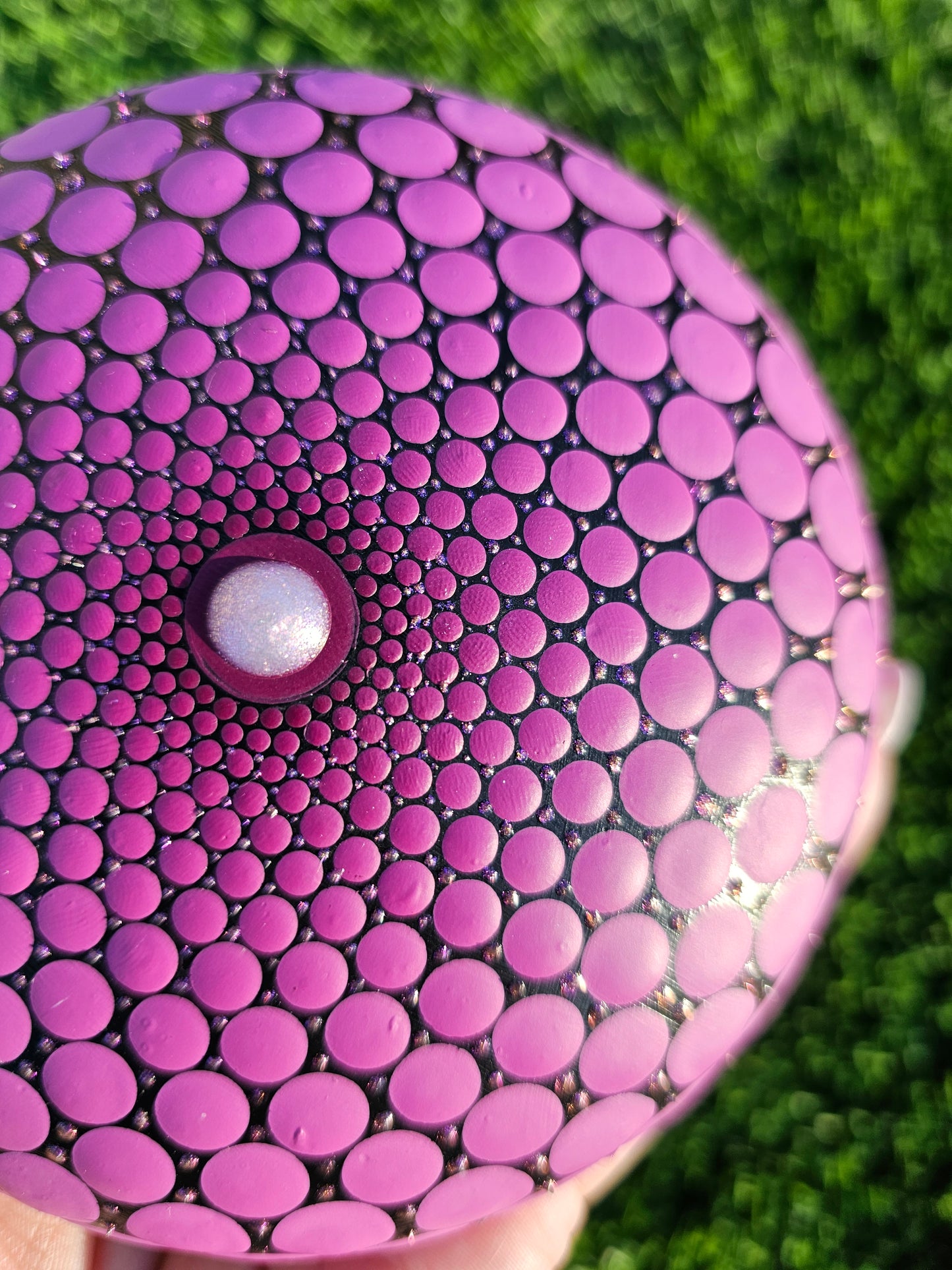 5-Inch Sacred Geometry Stone – Purple Gradient, Metallic Shimmer, 3D Center, Microdot Art