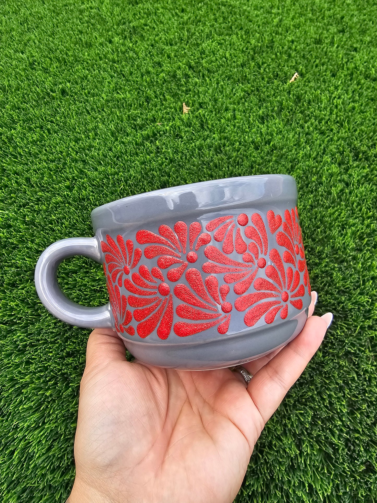 Hand Painted Textured Ceramic Mug - Red Glitter Talavera Design, Grey Low Profile Coffee Cup