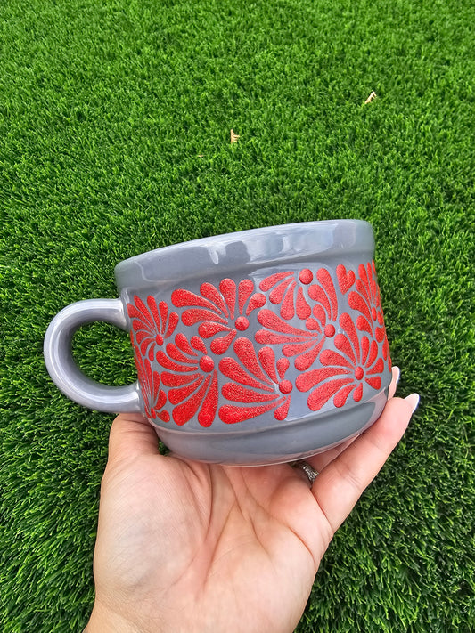 Hand Painted Textured Ceramic Mug - Red Glitter Talavera Design, Grey Low Profile Coffee Cup