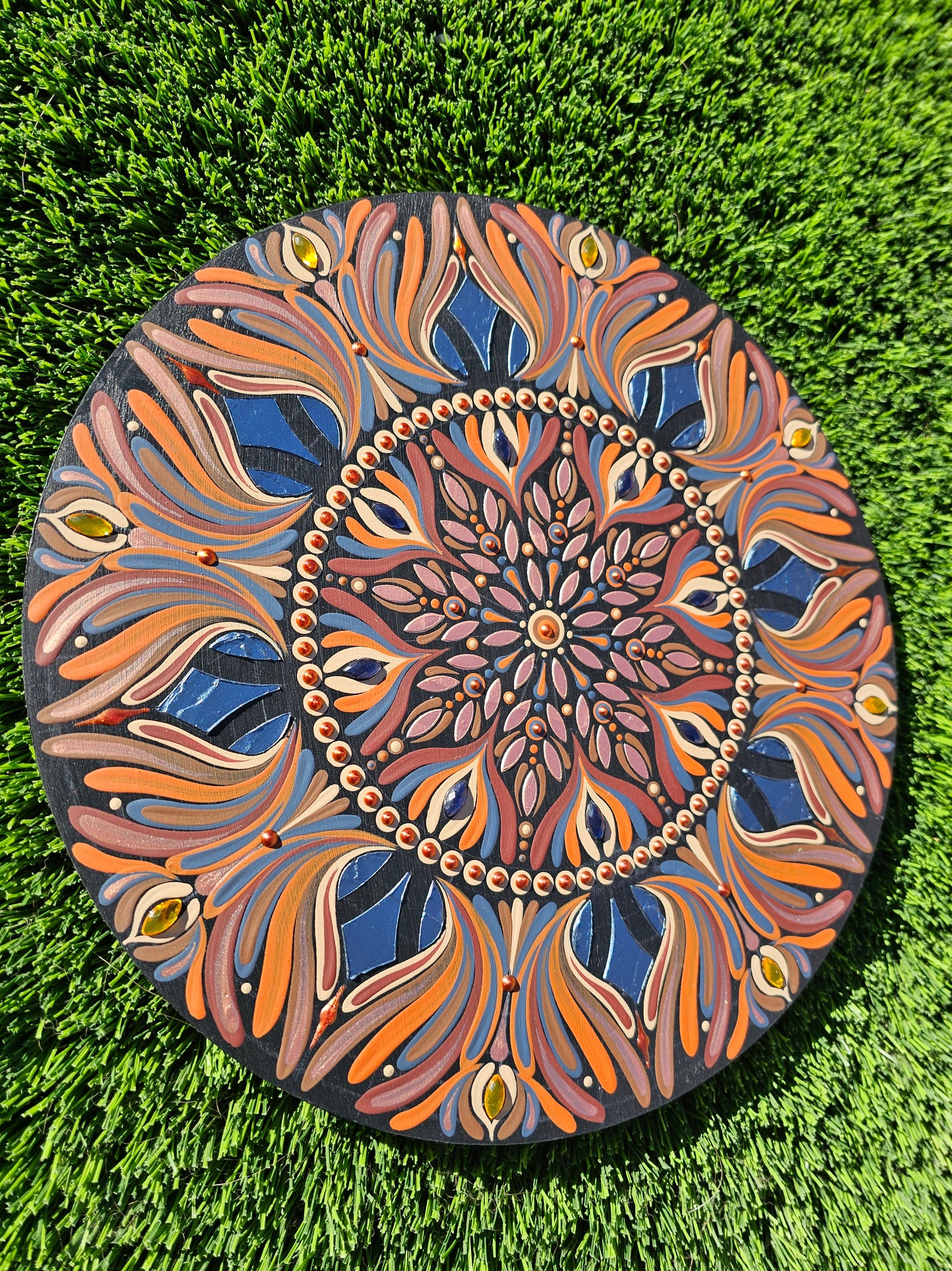 12 Inch Textured Mandala Wall Art | Navy and Burnt Orange Boho Wall Decor | Hand Painted Embellished Mandala | Original Round Acrylic Artwork