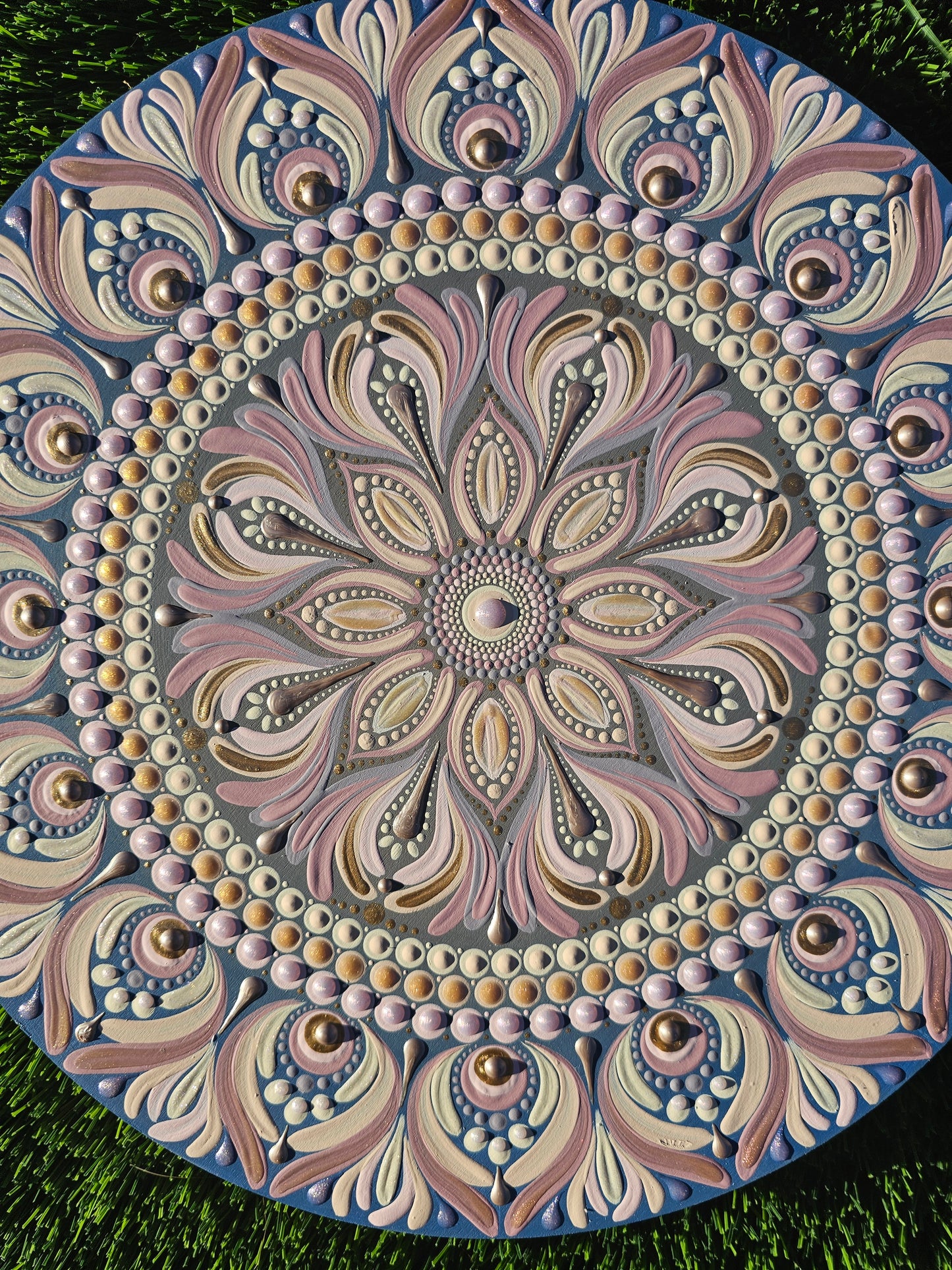 12” Blue Ombre Dot Mandala Wall Art on Wood | Neutral Pastel Mandala Decor | Hand Painted Boho Luxe Wall Hanging | Textured Meditation Art
