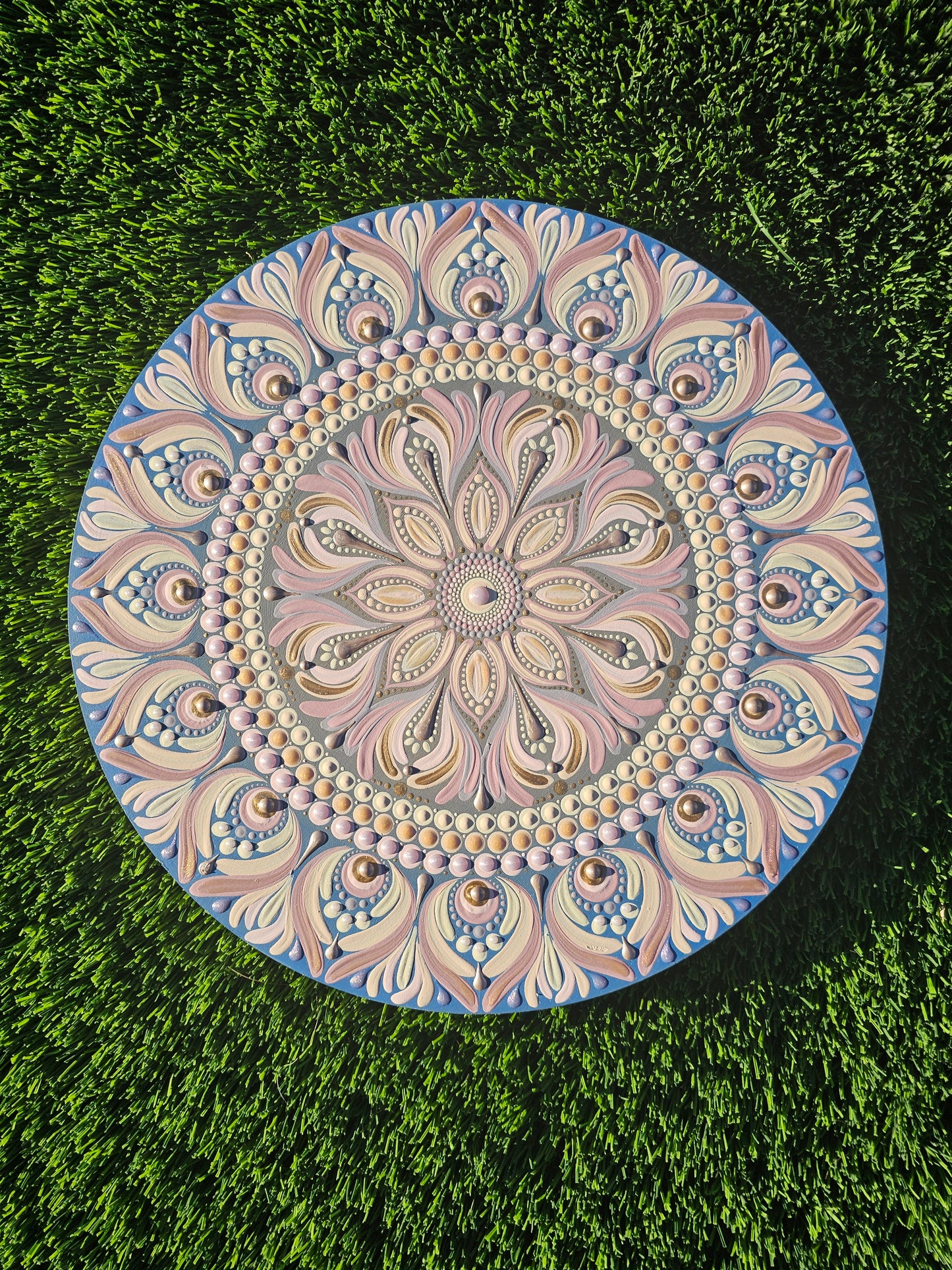 12” Blue Ombre Dot Mandala Wall Art on Wood | Neutral Pastel Mandala Decor | Hand Painted Boho Luxe Wall Hanging | Textured Meditation Art