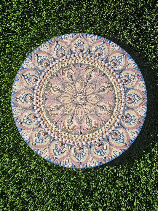 12” Blue Ombre Dot Mandala Wall Art on Wood | Neutral Pastel Mandala Decor | Hand Painted Boho Luxe Wall Hanging | Textured Meditation Art